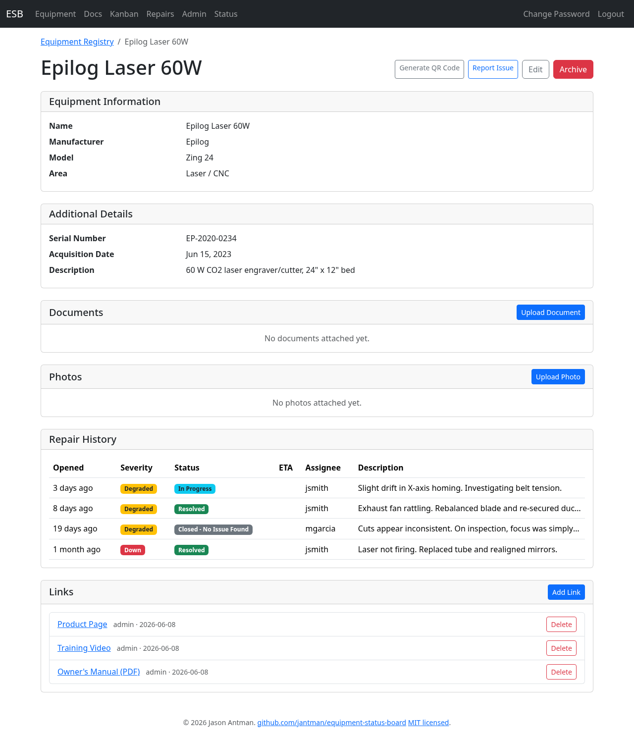 Equipment Detail Page
