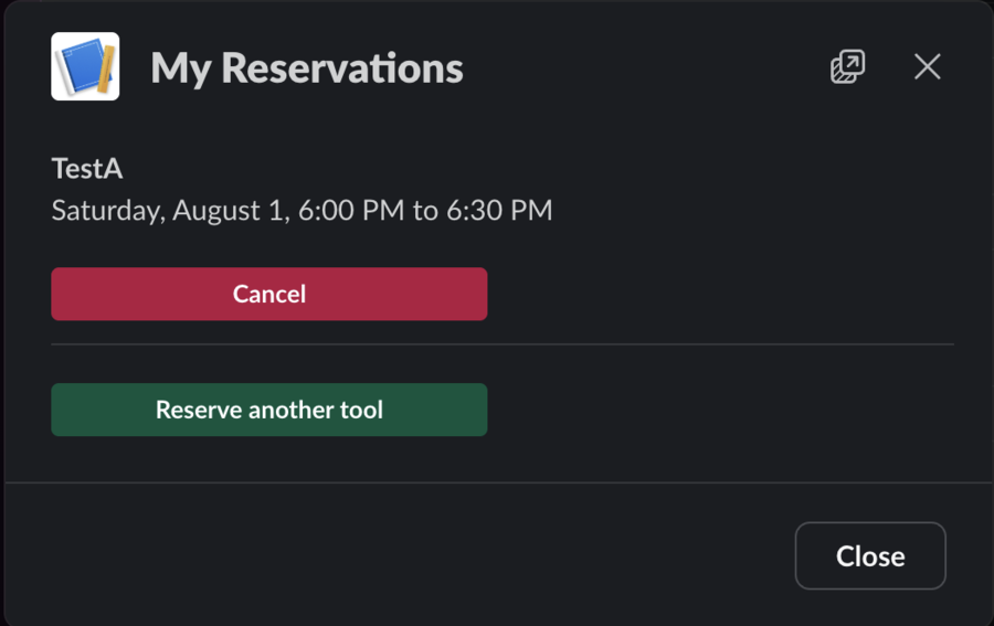Slack My Reservations window showing an upcoming reservation and its cancel action