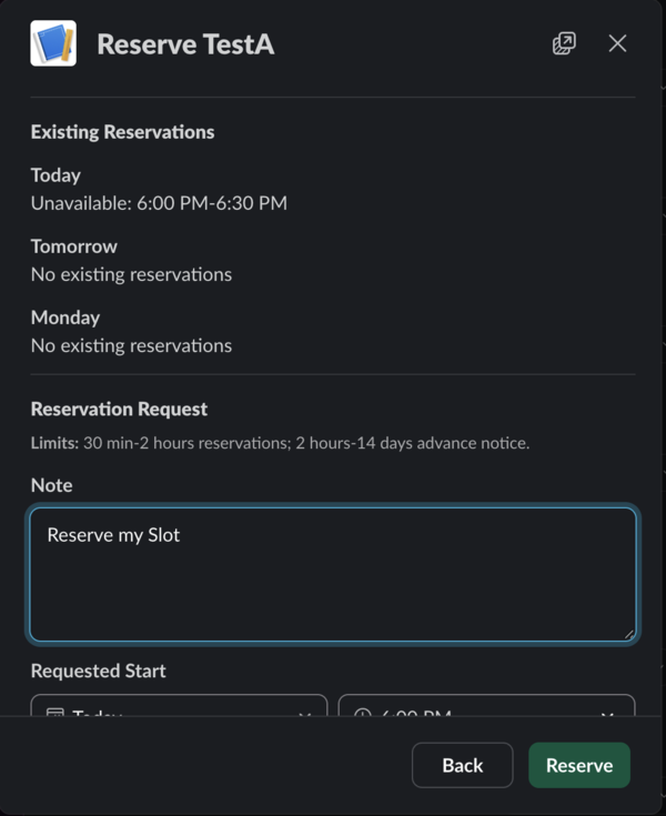 Slack reservation form showing existing reservations, policy limits, and requested reservation fields